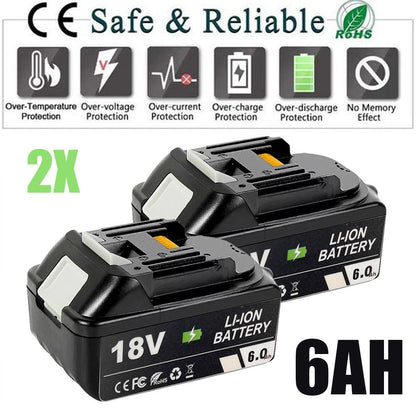 2X 6Ah Battery For Battery 18V BL1860B BL1850B BL1840B BL1830B Charger