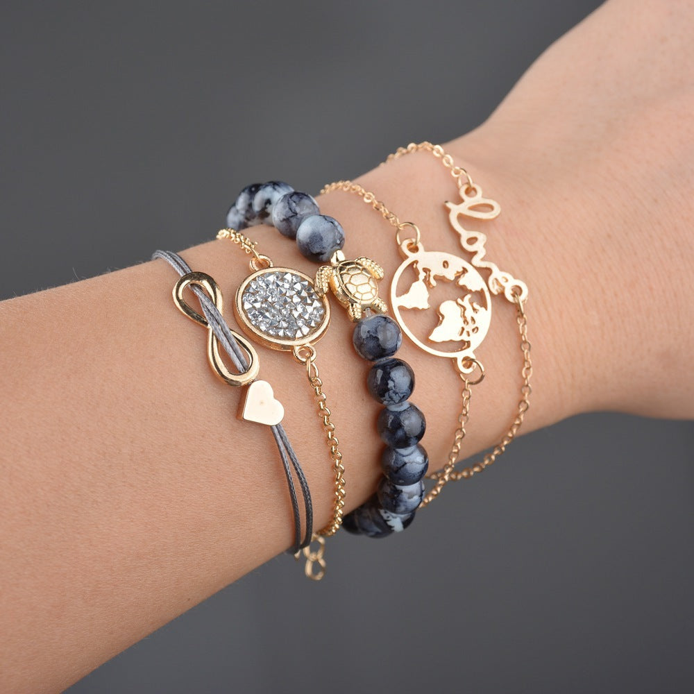 Vintage Turtle Heart Map Charm Bracelets Set For Women 2 New Design Stone Beads Infinite Bracelet Boho Jewelry Wholesale - Lunastein
