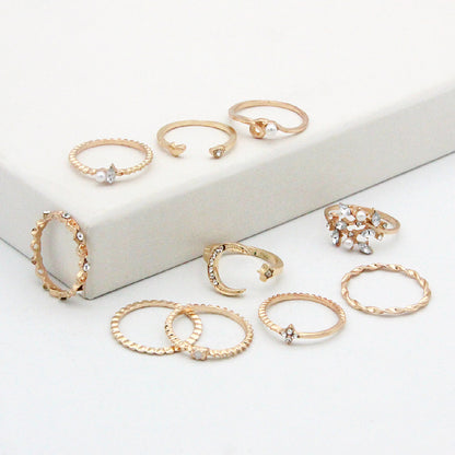 Bohemian Fashion Star Moon Love Pearl Leaf 10-Piece Ring - Lunastein