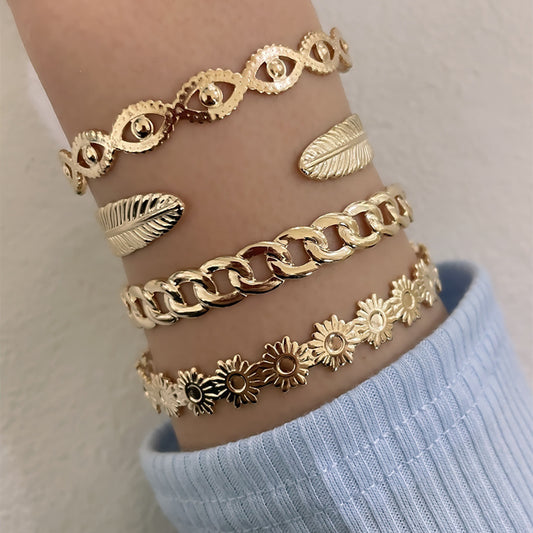 Women's Flower Chain Leaf Eye Bracelet Set - Lunastein