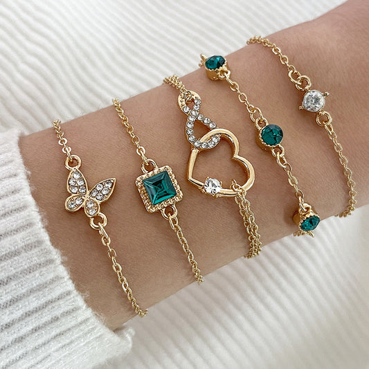 Bohemian 5pc Green Crystal Bracelets Jewelry Set For Women Heart Bracelet Wedding Engagement Bracelet Fashion Jewelry - Lunastein