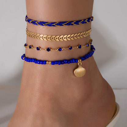 4pcs Set Bohemian Woven Rope Foot Chain For Men And Women Geometric Alloy Black Beads Dropping Oil Anklet Set Summer Fashion Jewelry - Lunastein