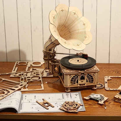 Robotime ROKR DIY Hand Crank Classic Gramophone Wooden Puzzle Model Building Kits Assembly Toy Gift For Children LKB01 SchmuckNeu