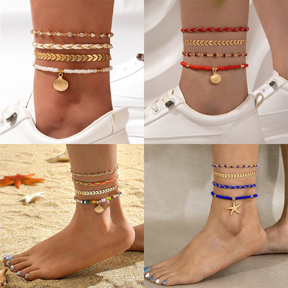 4pcs Set Bohemian Woven Rope Foot Chain For Men And Women Geometric Alloy Black Beads Dropping Oil Anklet Set Summer Fashion Jewelry - Lunastein