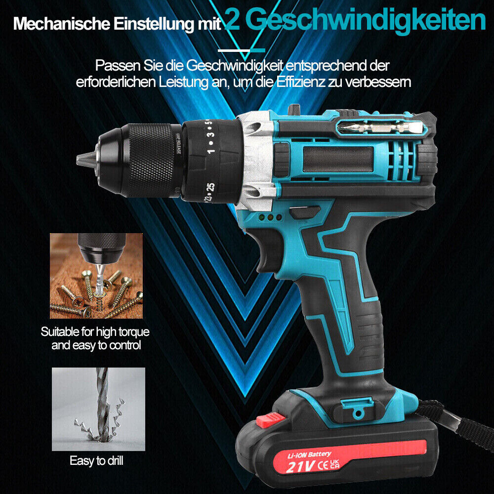 3 in 1 brushless schlagbohrschrauber 21v akkuschrauber set in koffer mit 2 akku
