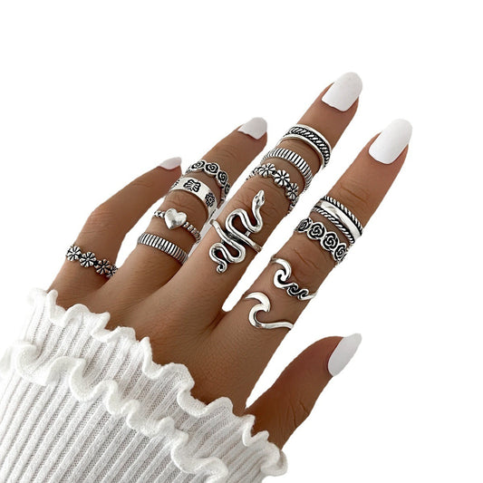 Flowerlove Geometrik Ring – 13-teiliges Vintage-Ringset in Silberoptik - Lunastein - Schmuck