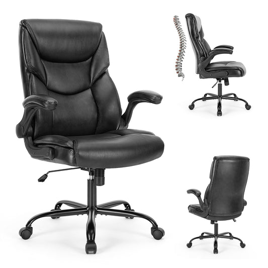 PU Leather Office Chair With Adjustable Flip-up Armrest,Lumbar Support, Strong Metal Base