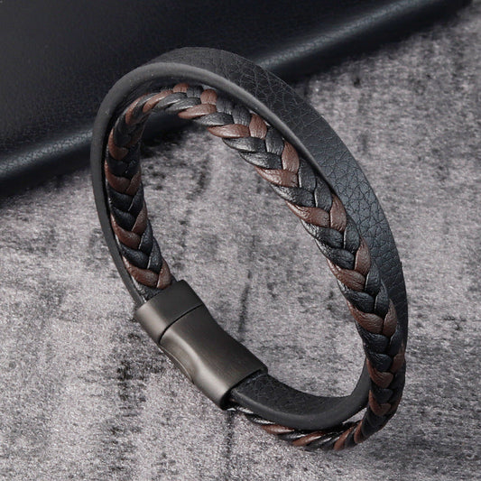 Leather Cord Stainless Steel Braided Bracelet Black Men SchmuckNeu