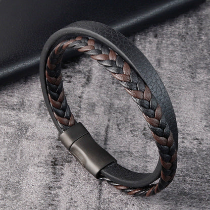 Leather Cord Stainless Steel Braided Bracelet Black Men SchmuckNeu