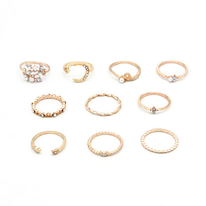 Bohemian Fashion Star Moon Love Pearl Leaf 10-Piece Ring - Lunastein