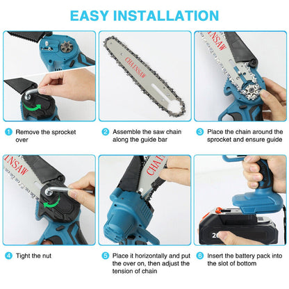 21V Mini Chain Saw 4-6 Inch Wireless Single Hand Saw Wood Cutter 2 Batteries