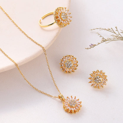 Classic Charm Sunflower Flower Stainless Steel Necklace Earrings Fashion Exquisite Micro Seed Jewelry Ring - Lunastein