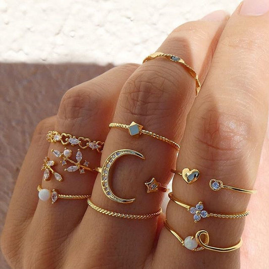 Bohemian Fashion Star Moon Love Pearl Leaf 10-Piece Ring - Lunastein