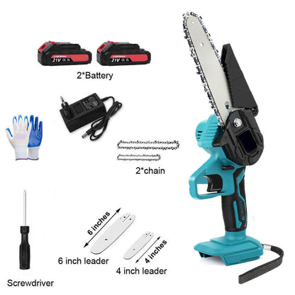 21V Mini Chain Saw 4-6 Inch Wireless Single Hand Saw Wood Cutter 2 Batteries