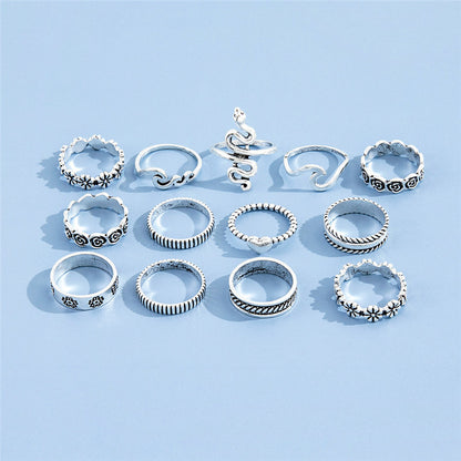 Flowerlove Geometrik Ring – 13-teiliges Vintage-Ringset in Silberoptik - Lunastein - Schmuck